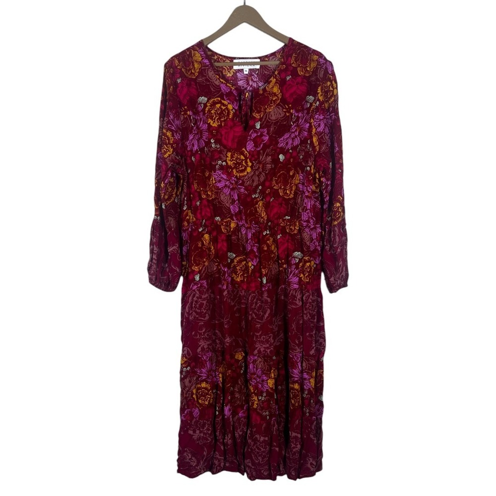 Margaux Riviera Floral Tiered Midi Dress Burgundy Boho Long Sleeve Size 1X